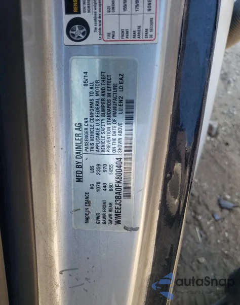 2015 Smart Fortwo Pure из США, поврежденный, VIN WMEEJ3BA0FK800404